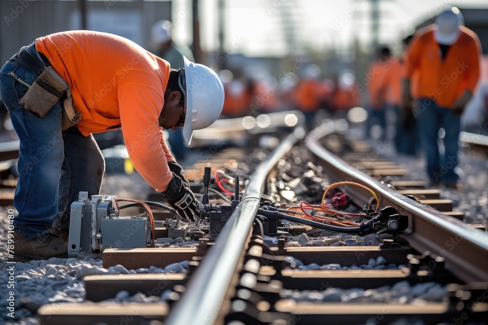 Track Switch Installation: Close-up of workers installing track switches. Track Switch Installation: Close-up of workers installing track switches.