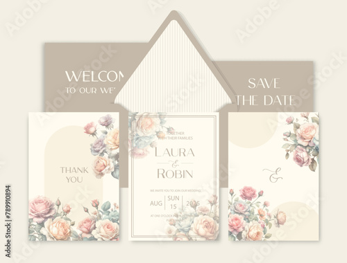 Luxury wedding invitation card background with watercolor flower and botanical leaves.