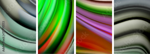 A colorful collage of four liquid waves in magenta, closeup of intricate patterns and textures resembling terrestrial plant cells, on a white background