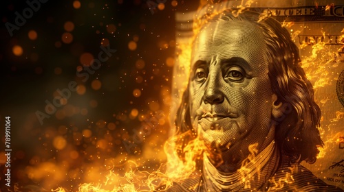 Franklin D. Roosevelt statue on dollar bill engulfed in flames photo