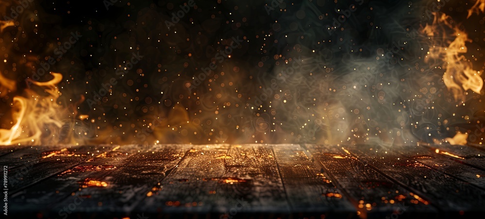 wooden table with fire burning on the edge of the table, fire particles, sparks and smoke in the air, with fire flames on a dark background. generative ai