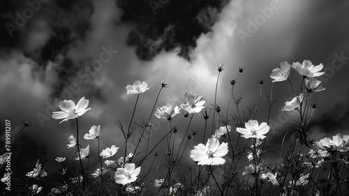  Black and white photography of the White Wild Flowers, dark with clouds. Landscapes photography