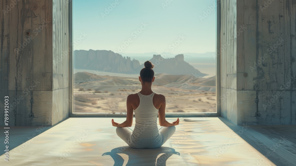Young woman is meditating in stylish minimalistic environment. Luxury interior. The concept of health care, yoga and relaxation. Ai-generated. Young woman is meditating in stylish minimalistic environment. Luxury interior. The concept of health care, yoga and relaxation. Ai-generated.