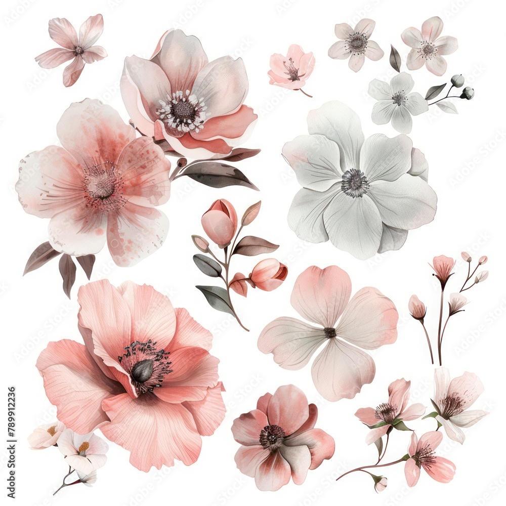A delicate and romantic bouquet of watercolor flowers with soft pastel colors, perfect for wedding invitations or feminine branding A delicate and romantic bouquet of watercolor flowers with soft pastel colors, perfect for wedding invitations or feminine branding