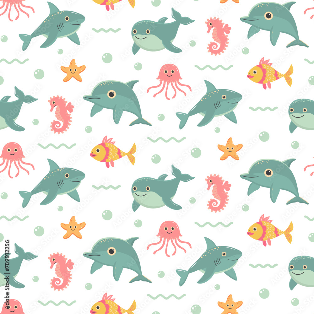 Nautical seamless pattern with cute sea animals. Marine print for fabric and nursery.
