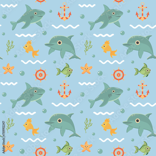 Nautical seamless pattern with cute sea animals. Marine print for fabric and nursery.