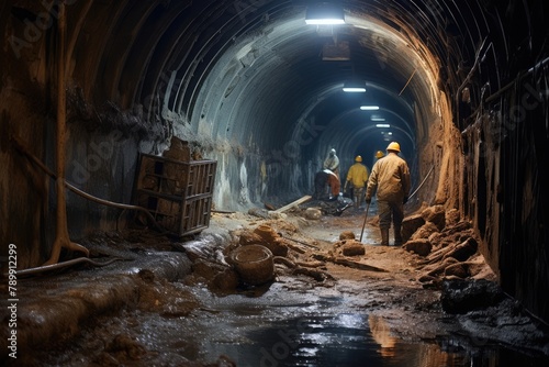 Tunnel Cleaning: Workers cleaning debris from the tunnel. photo