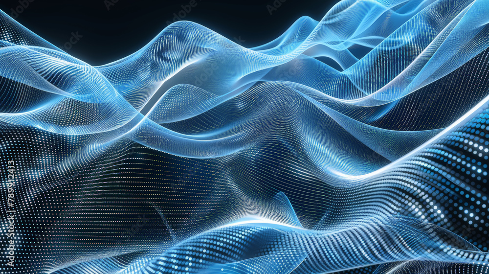 Luminescent Dot Cascade: 3D Curve in Blue & White. Generative AI Luminescent Dot Cascade: 3D Curve in Blue & White. Generative AI