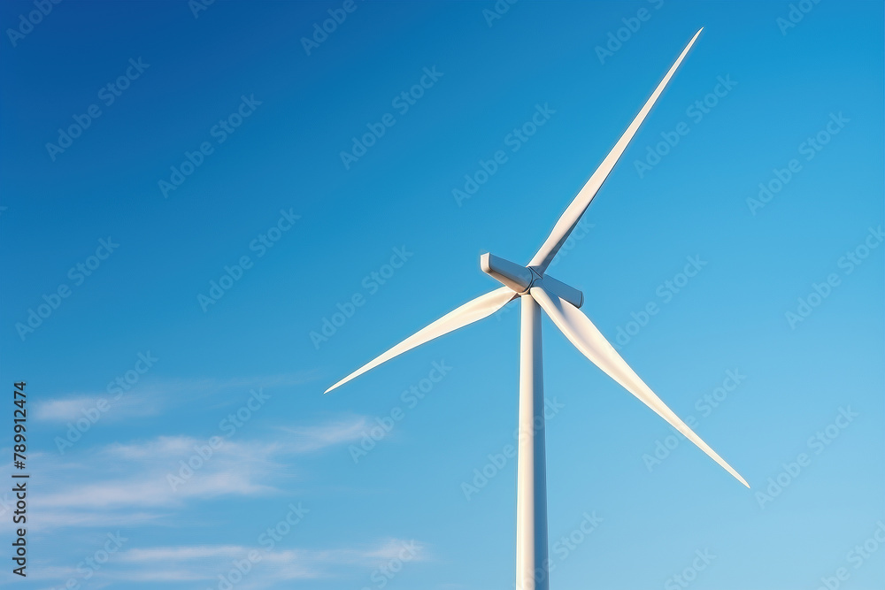A sleek wind turbine standing tall against a clear blue sky - Generative AI A sleek wind turbine standing tall against a clear blue sky - Generative AI