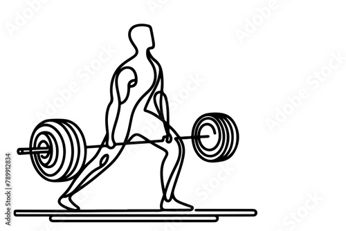 One continuous black line drawing of man lifting barbel with a heavy weight bar weightlifting at gym doodle linear drawing cartoon on white background vector