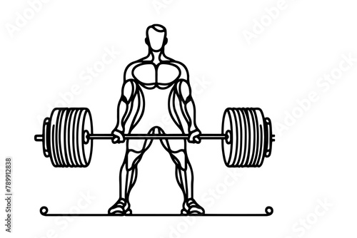 One continuous black line drawing of man lifting barbel with a heavy weight bar weightlifting at gym doodle linear drawing cartoon on white background vector