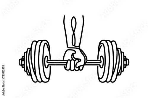 One continuous black line drawing of man lifting barbel with a heavy weight bar weightlifting at gym doodle linear drawing cartoon on white background vector