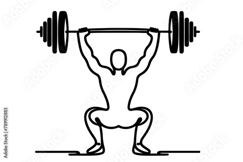 One continuous black line drawing of man lifting barbel with a heavy weight bar weightlifting at gym doodle linear drawing cartoon on white background vector