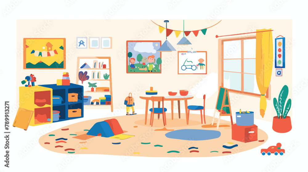 Kindergarten room interior flat vector illustration.