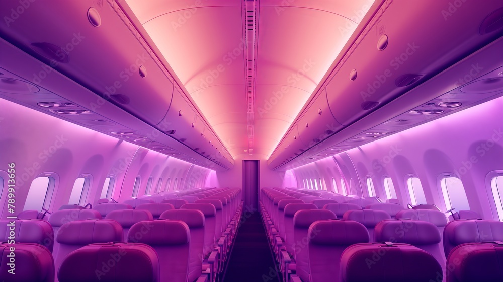 Fototapeta premium the inside of an airplane with purple lights on the ceiling