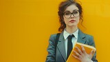 a woman wearing glasses and a tie is holding a book in front of a yellow wall