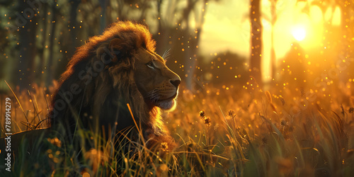 Lion at sunset in the forest background - Ai Generated