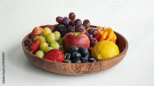 Mellow fresh summer strawberries, blueberries, apricots, peach and wooden basket isolated on white background,Mix of fresh fruits and berries in a basket on a wooden table
