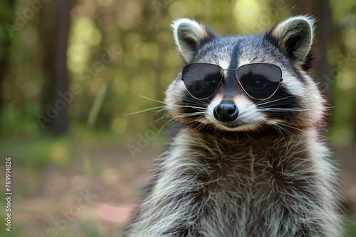 A raccoon with an air of mystery, its sunglasses leaving its intentions hidden from view.
