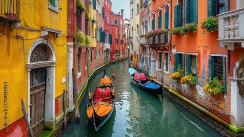 A canal with two boats, one of which is orange
