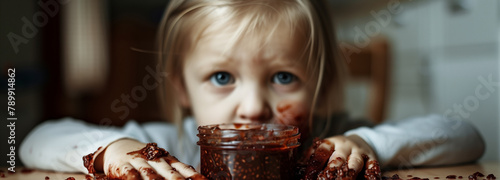 A child eats jam from a jar and stains his hands and mouth.