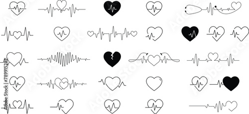 Set of Heartbeat icons. Symbols cardiogram heart logos in linear styles with editable stock. Medical signs. Heart beat pulse flat icons for medical app and websites isolated on transparent background.