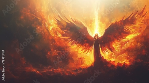 a man with wings is standing in the middle of a fire