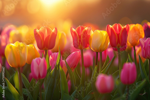 A large beautiful plantation of multi-colored tulips in the rays of sunset. Generative AI