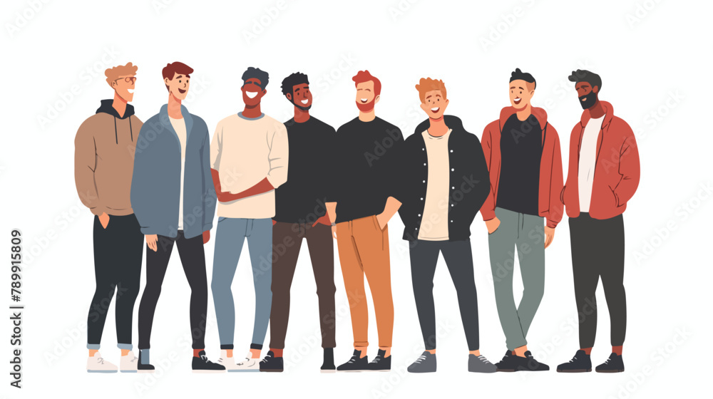 Man friends portrait. Diverse happy bros young guys background