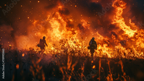 Firefighters battle a wildfire, Climate change and global warming affect to global up wildfire trends.