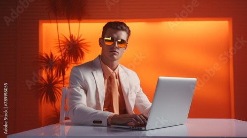 Focused Manager in Orange Glow, Working on Laptop, Tropic Sunset Office © Phieo Alex
