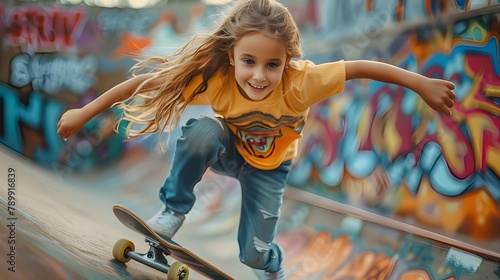 Hipster girl playing skateboard in skate park, fashionable cute smiling young woman skater, colorful graffiti walls background. Cool female urban sports, children's outdoor activity concept.