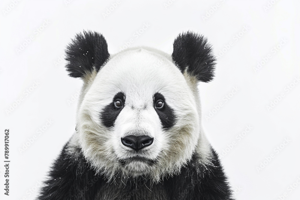 Fototapeta premium Aesthetic minimalism at its finest, with a detailed shot of a panda face against a white background, captured in HD.
