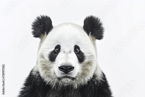 Aesthetic minimalism at its finest  with a detailed shot of a panda face against a white background  captured in HD.