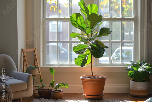 Green leaves of Fiddle Fig, Fiddle-leaf fig tree houseplant in living room, Air purifying plants for home, Houseplants With Health Benefits