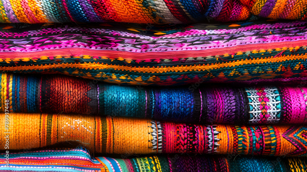 Colorful Mexican serape stripes blankets on street market. Traditional handmade souvenir from