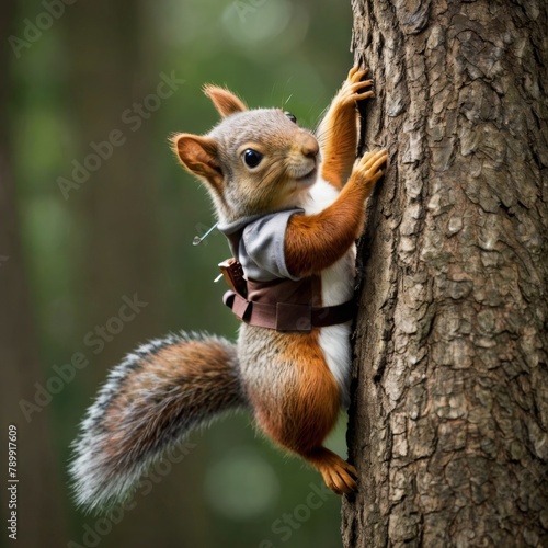 Squirrel in a tiny archer costume, climbing a tree for a better shot, acorn-themed arrows