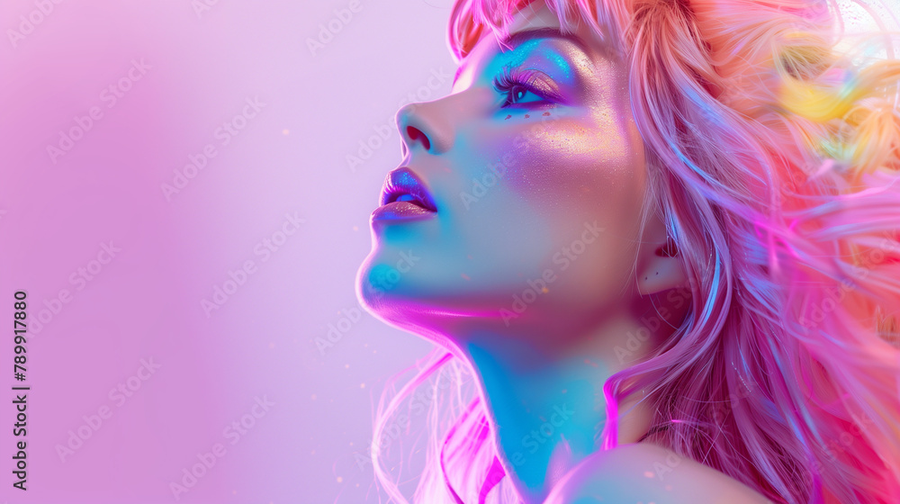 Pink Haze: Contemplative Woman with Vibrant Hair in Neon Glow