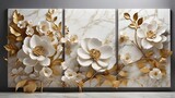 Three-panel wall art, marble backdrop, three-dimensional white flowers with golden petals, wall décor, and wallpaper