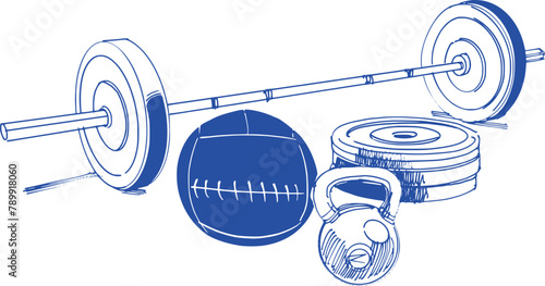 sports equipment med ball, barbell, dumbbells, kettlebell, weights, plates
