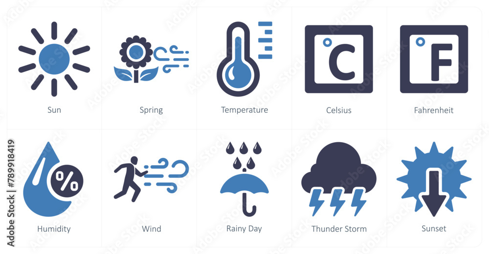 A set of 10 mix icons as sun, spring, temperature