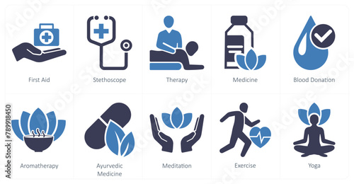 A set of 10 mix icons as first aid, stethoscope, therapy