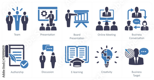 A set of 10 mix icons as team, presentation, board presentation, online meeting