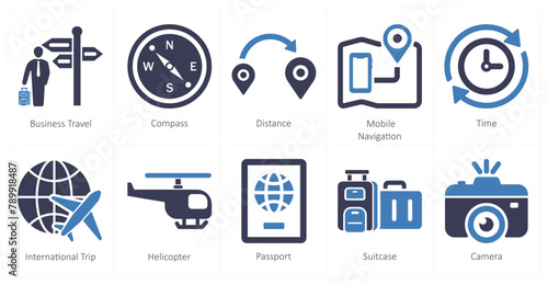 A set of 10 mix icons as business travel, compass, distance, mobile navigation