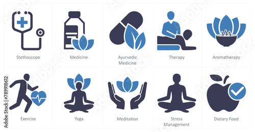 A set of 10 mix icons as stethoscope, medicine, ayurvedic medicine