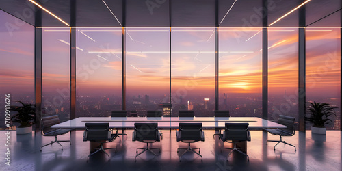 Meeting room interior with empty white mock up frame and panoramic window and city view - Ai Generated