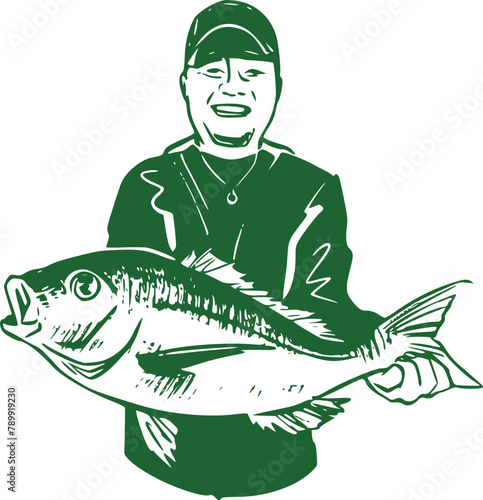 hand-drawn ink illustration fisherman with a fish