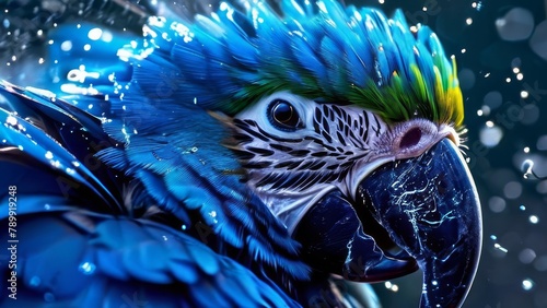 Vibrant macaw flies through powder cloud.