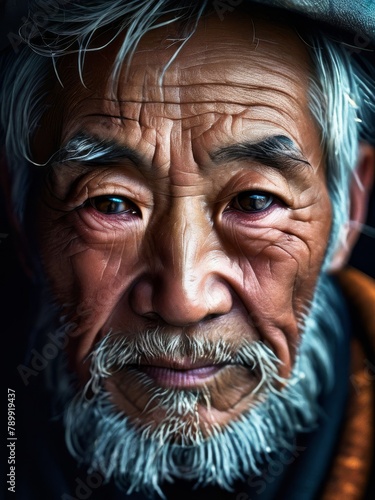 Wrinkled face of elderly man exuding wisdom.