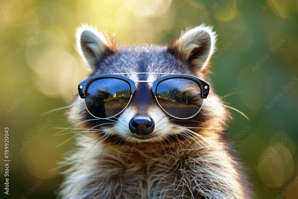 A raccoon looking sharp in sunglasses, the reflection of its surroundings visible on the lenses. A raccoon looking sharp in sunglasses, the reflection of its surroundings visible on the lenses.